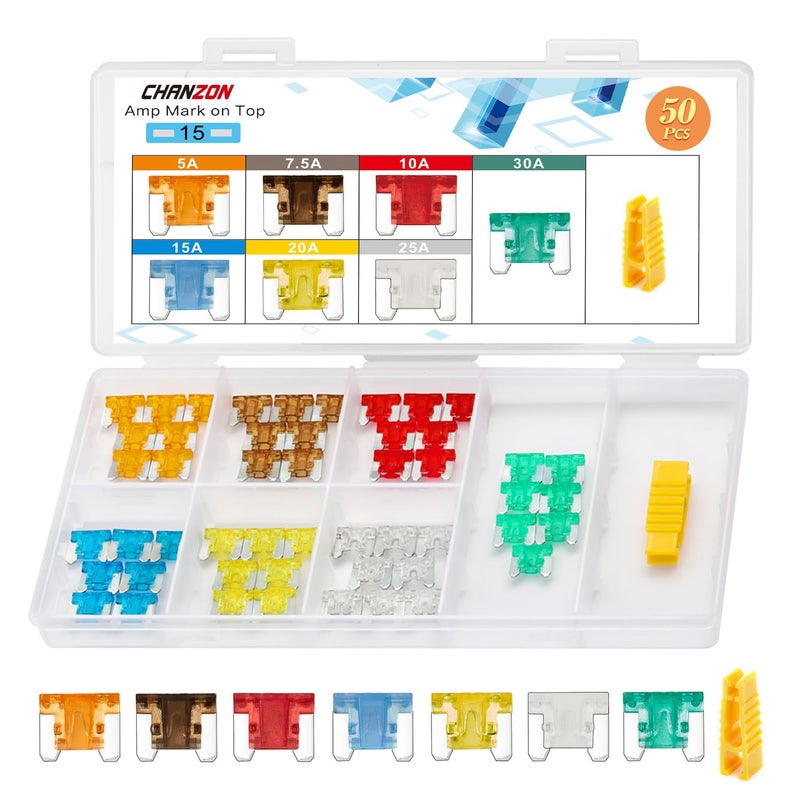 Chanzon Micro Low Profile Mini Blade Fuse Assortment Kit Box (5A 7.5A 10A 15A 20A 25A 30A) for Auto Car Truck RV Automotive Motor Boat Replacement 50pcs - Image 1